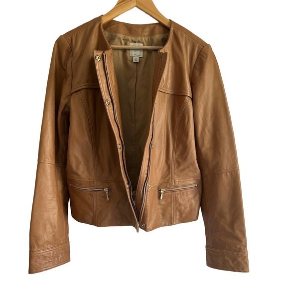 Halogen Size Large Moto Tan Genuine Leather Coat Jacket Gold Hardware - Picture 3 of 9